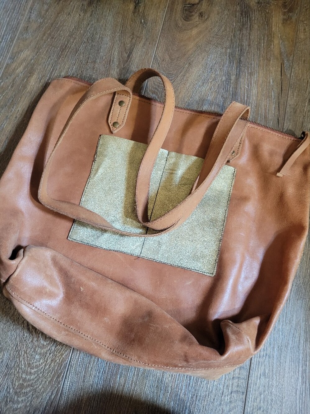 Able Leather Tote Bag with Metallic Pocket - Tan